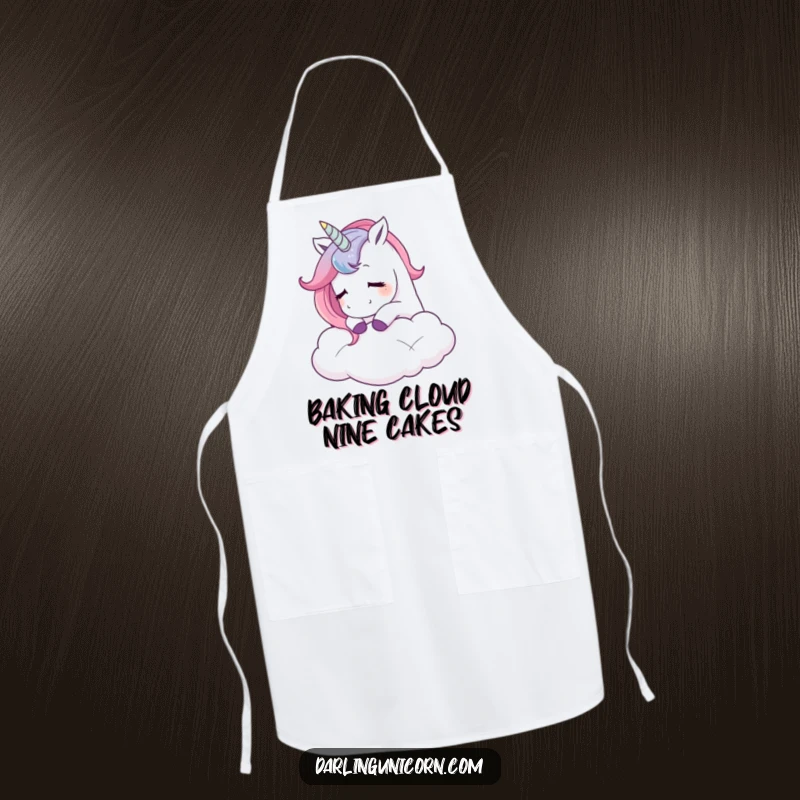 Funny apron featuring a unicorn nuzzling a cloud with a contented sigh, bringing whimsical joy and protection to the kitchen.