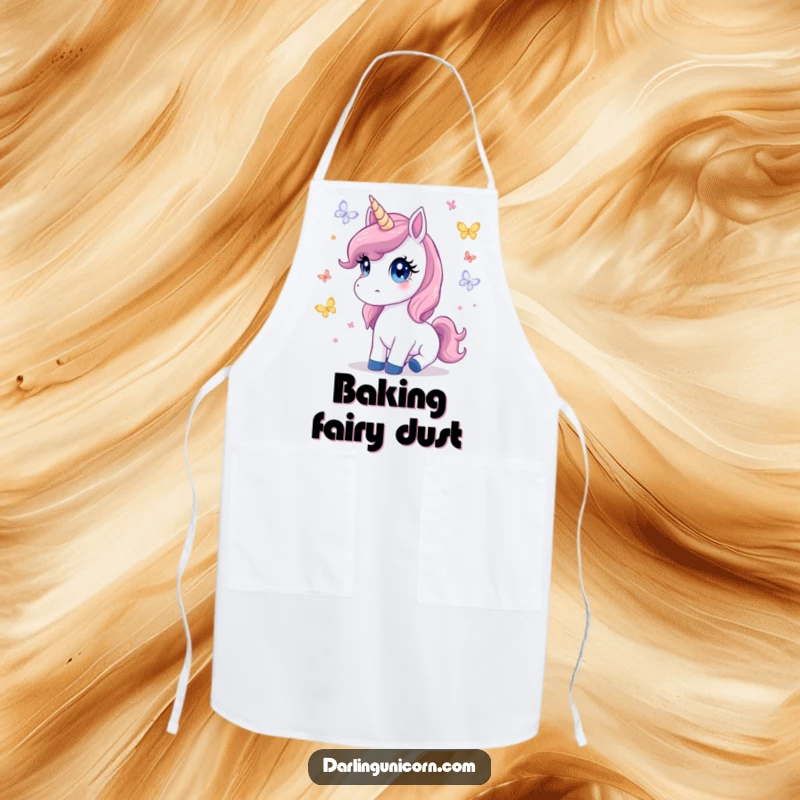 Cute apron showcasing a unicorn with innocent eyes watching butterflies flutter, perfect for a magical and clean kitchen.