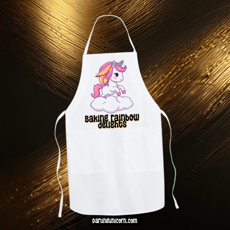 Funny apron with a sparkling unicorn and rainbow mane mid-leap over a cloud, perfect for a magical and humorous cooking experience.