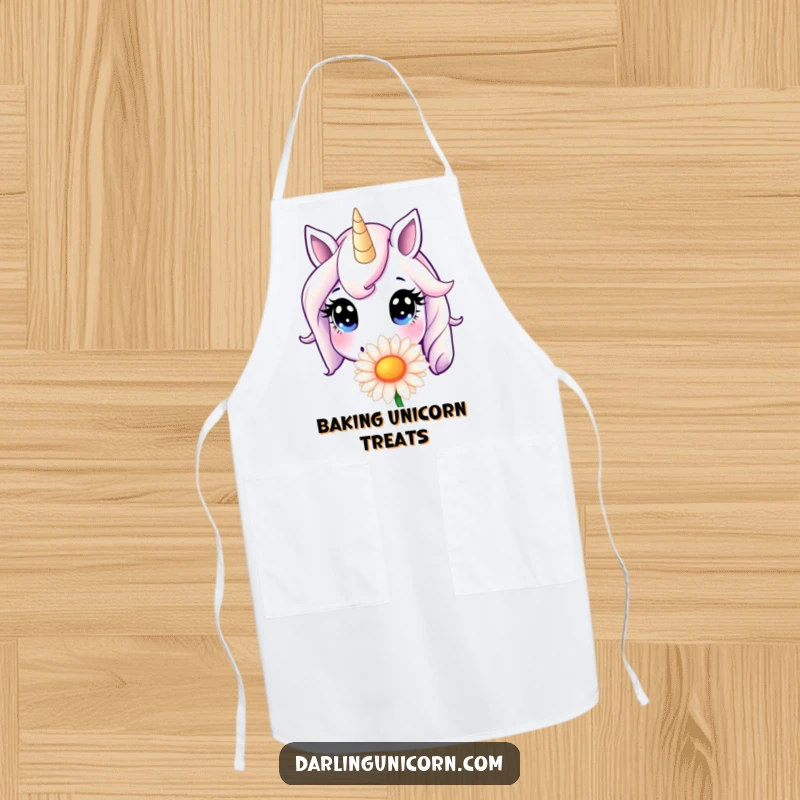 Funny Apron: A unicorn with innocent eyes thoroughly sniffs a giant daisy, bringing a humorous and delightful touch to kitchen wear.