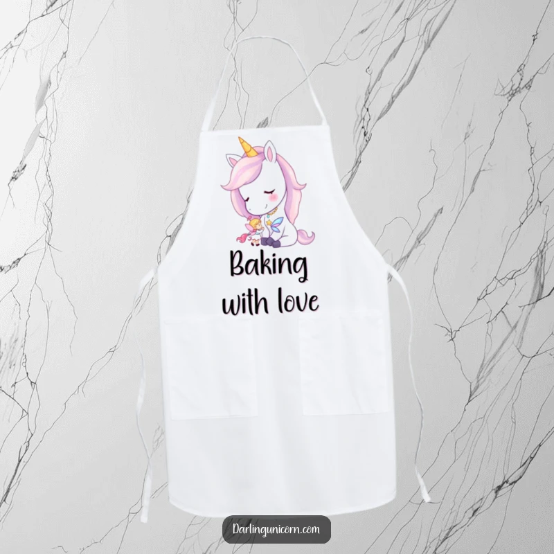 Funny apron featuring a unicorn gently nuzzling a tiny fairy, ideal for kitchen charm and protection.