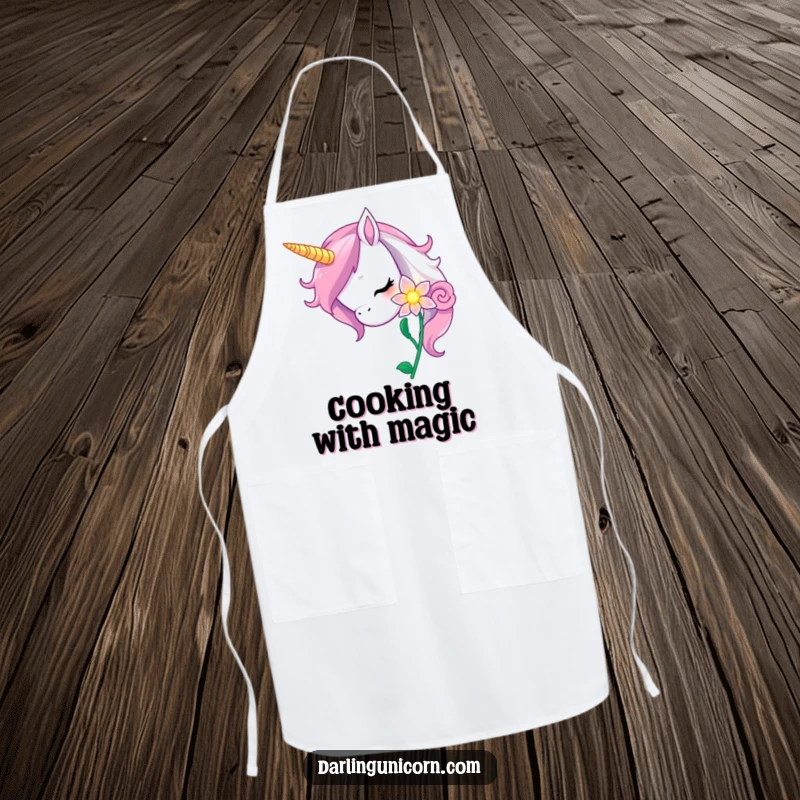 Funny unicorn apron featuring a curious unicorn nuzzling a glowing magic flower, ideal for magical culinary creations.