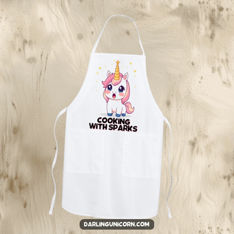 Funny unicorn apron featuring a surprised unicorn whose horn is showering stardust, perfect for magical culinary experiments.