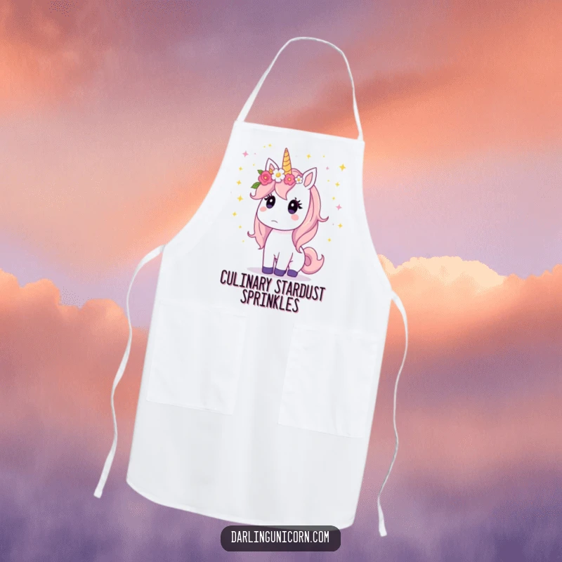 Funny unicorn with a flower crown, looking surprised as shimmering stardust falls, perfect for magical cooking.