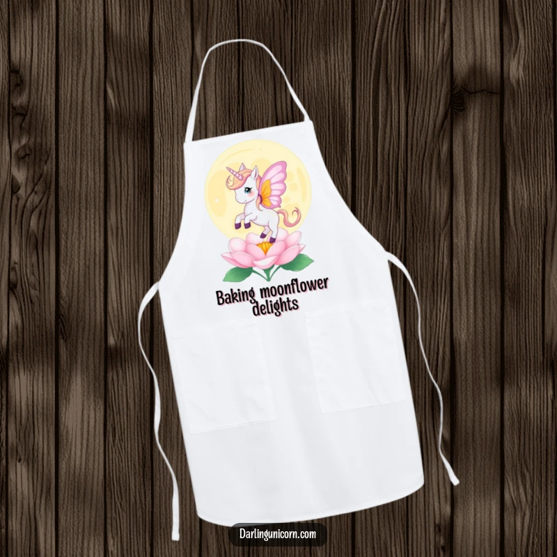 Funny apron with a unicorn with butterfly wings gently landing on a blooming moonflower, perfect for a touch of kitchen magic.