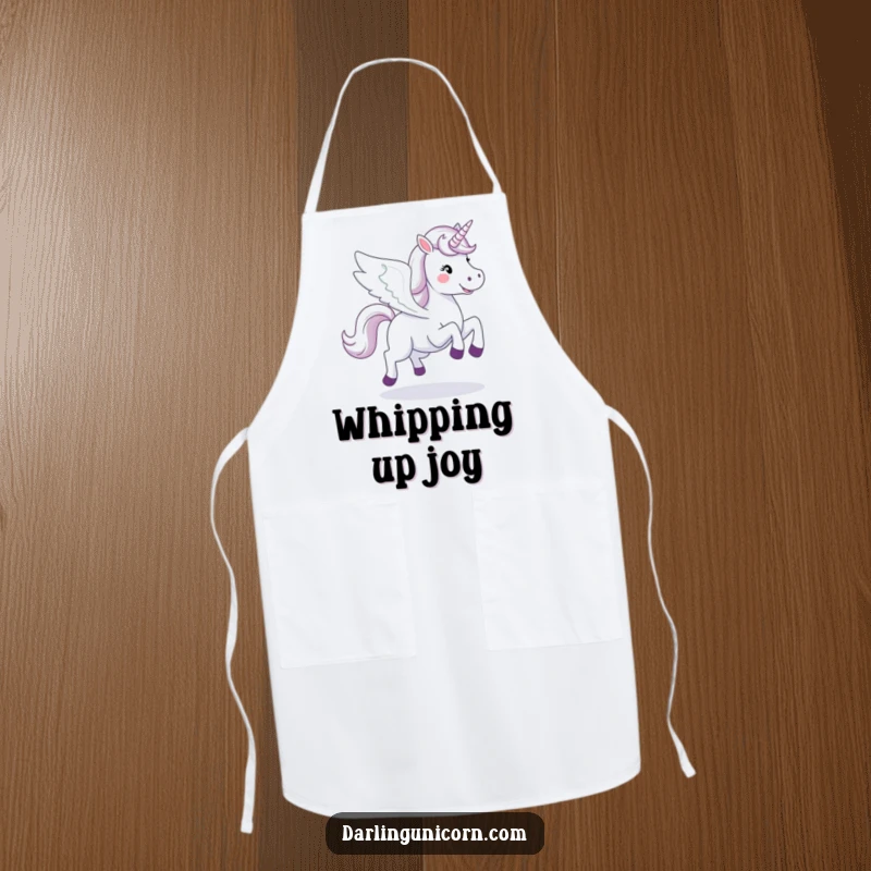 Funny happy unicorn with wings spread wide, galloping playfully on a whimsical kitchen apron.
