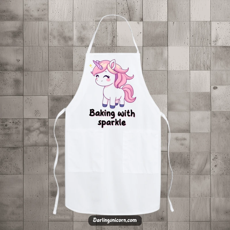 Funny unicorn apron showing a joyful unicorn tossing its shimmering mane, perfect for kitchen magic and happy cooking.