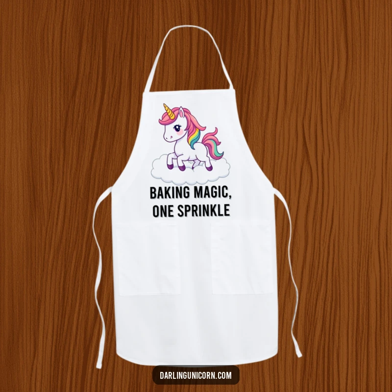 Funny kawaii unicorn with a bright rainbow mane prancing happily amongst clouds, perfect for a whimsical kitchen apron.