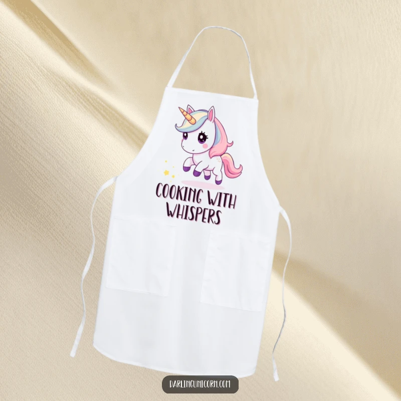 Funny apron with a kawaii unicorn curiously chasing a trail of stardust, designed for magical and humorous culinary adventures.