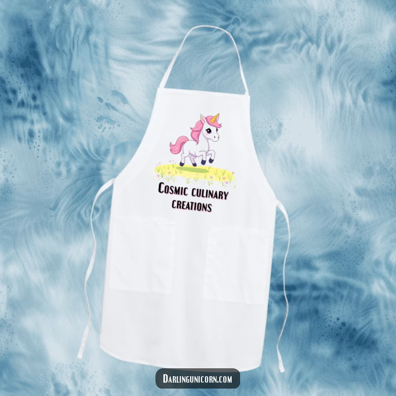 Funny Apron depicting a unicorn with a starry mane, gracefully galloping, bringing magical energy to the kitchen.