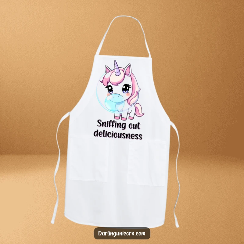 Funny unicorn with wide, curious eyes sniffing a large, shimmering iridescent bubble, perfect for culinary exploration.