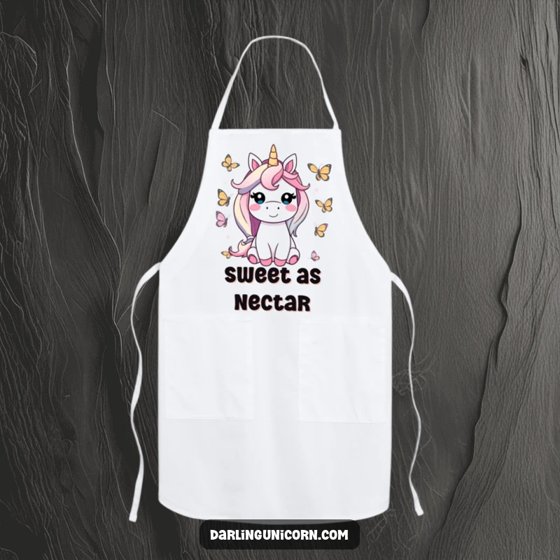 Funny unicorn apron featuring a contented unicorn smiling, surrounded by friendly butterflies, designed for kitchen fun and adding cheerful magic.
