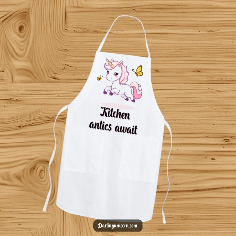 Funny apron depicting a unicorn and butterfly engaged in a lively game of tag, perfect for adding playful charm to cooking.