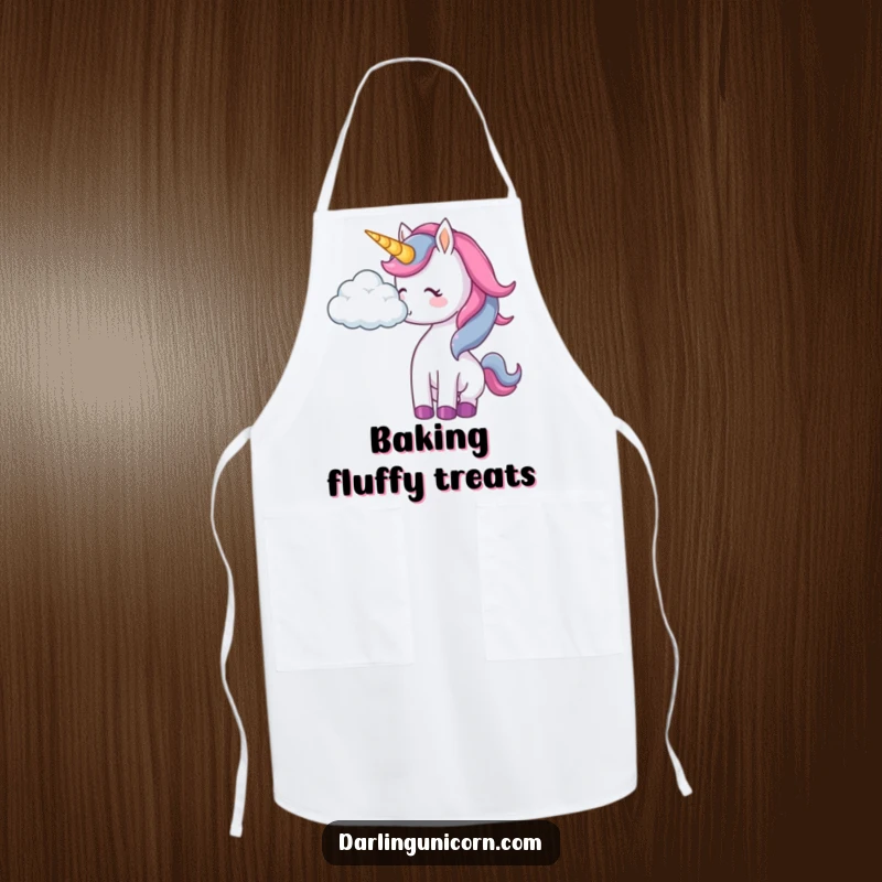 Funny unicorn apron showing a unicorn playfully nudging a cloud, ready to cook up magical meals.