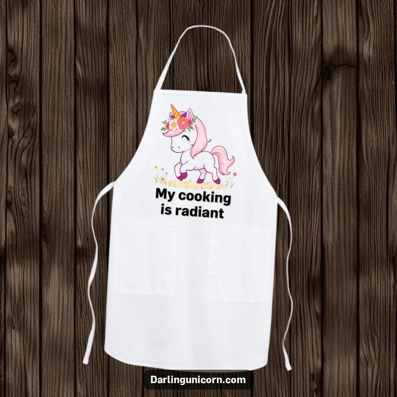 Funny apron depicting a unicorn wearing a flower crown, happily prancing through a meadow, bringing floral cheer to cooking.