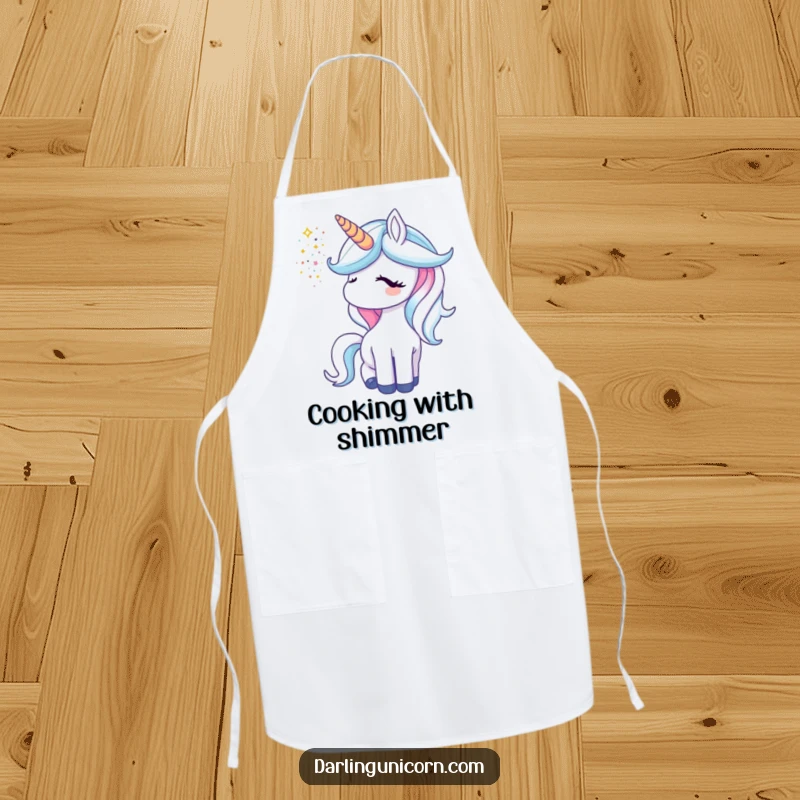 Funny unicorn apron with a unicorn sprinkling glitter from its horn, ready to make magical dishes.