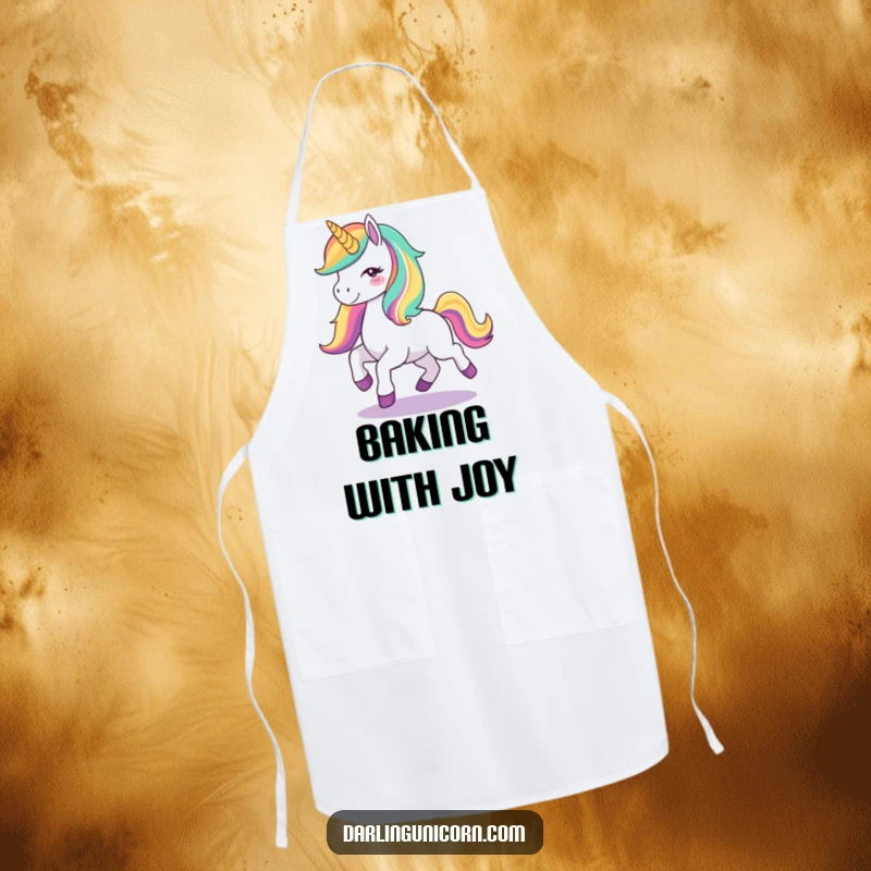 Funny Unicorn Joy Apron: A cute unicorn with a rainbow mane prancing joyfully, perfect for cooking with a touch of magical and humorous flair.