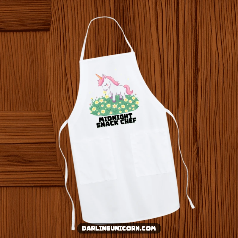 Funny unicorn gently nuzzling luminous moonflowers on a whimsical and protective kitchen apron.