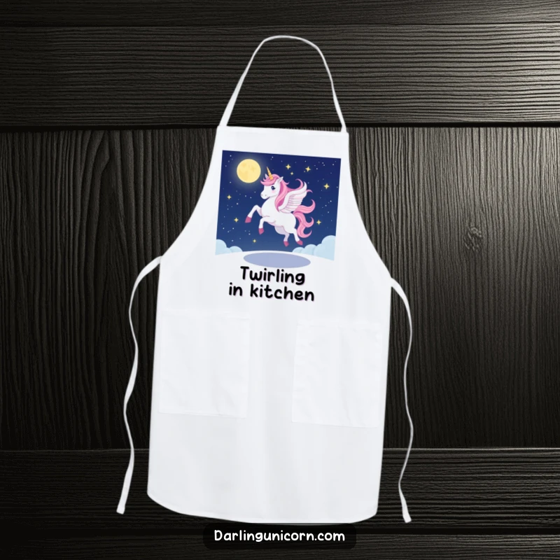 Funny unicorn apron featuring a unicorn doing a graceful, wobbly pirouette on a starlit night, designed for kitchen fun and adding magical charm.