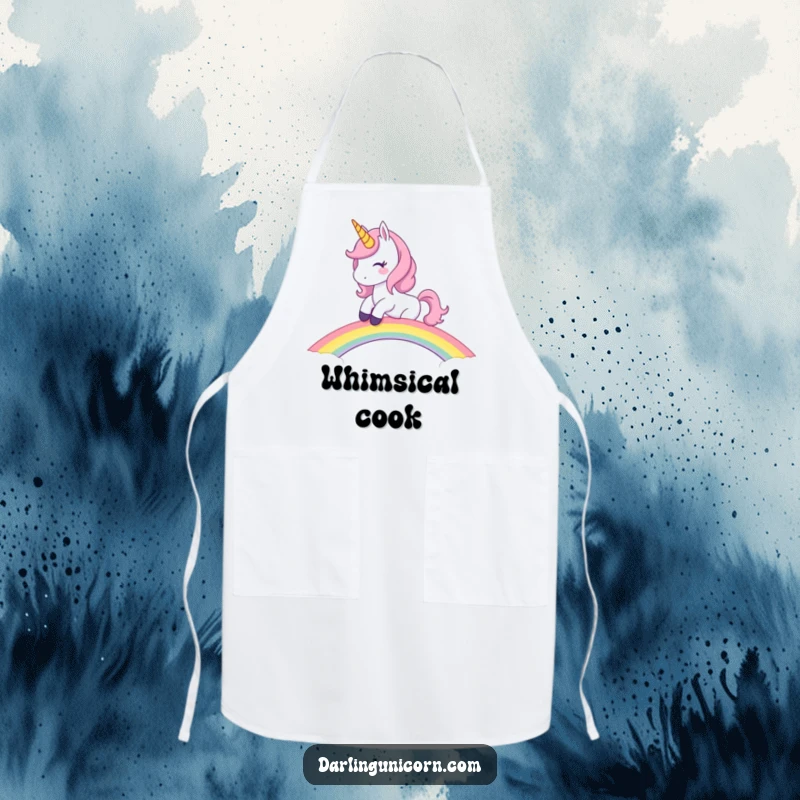 Funny Unicorn Apron: Mischievous unicorn riding a rainbow bridge with a wink, a humorous and functional apron.
