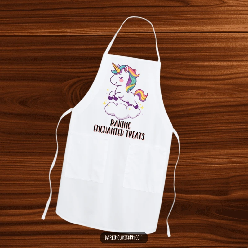 Funny apron showing a cute unicorn with a rainbow mane leaping joyfully over a sparkling cloud, for magical kitchen fun.