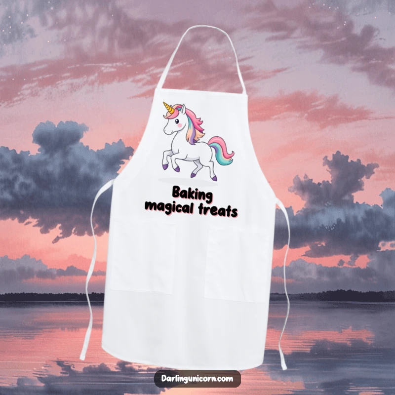 Funny Unicorn Rainbow Apron: A majestic unicorn prances with a rainbow trail, adding whimsical magic and humor to kitchen wear.
