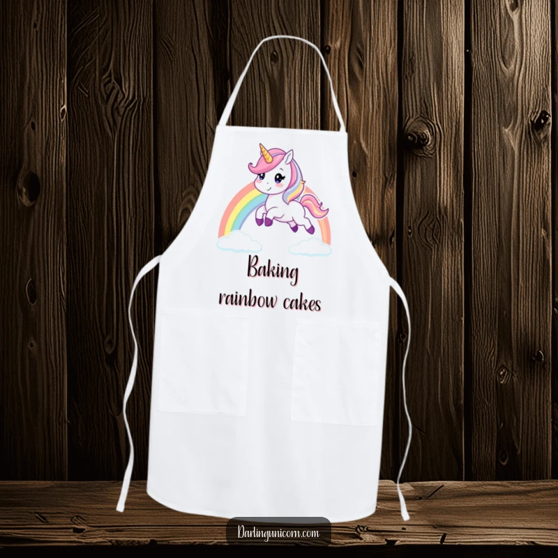 Funny unicorn apron showing a cheerful unicorn leaping over a rainbow, designed for kitchen fun and adding magical flair to cooking.