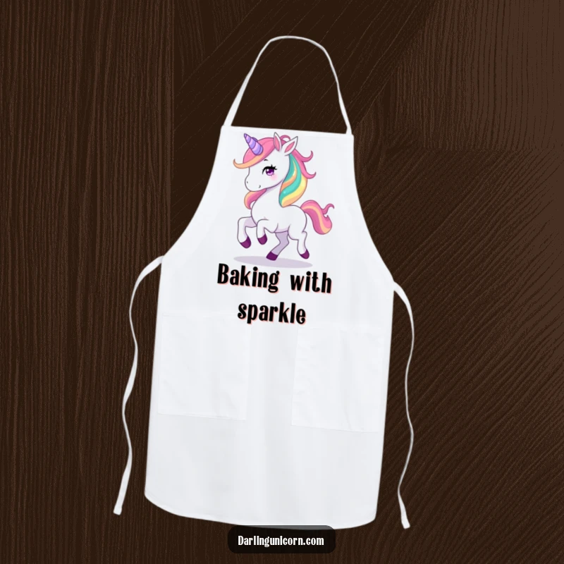 Funny apron showing a graceful unicorn prancing with a vibrant rainbow mane, perfect for magical cooking sessions.