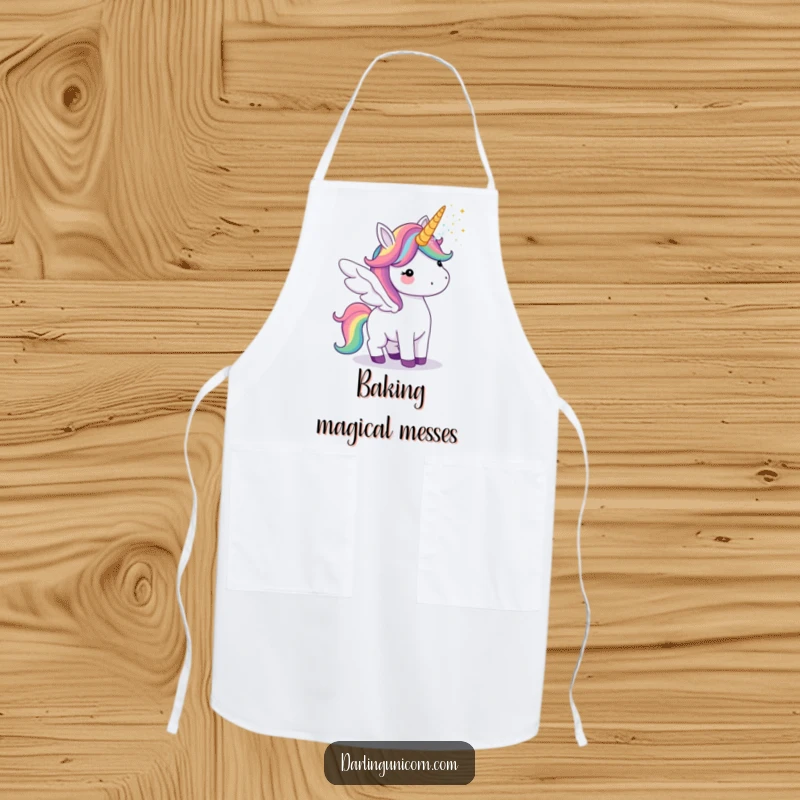 Funny apron showing a unicorn with vibrant rainbow wings, playfully blowing glitter from its horn while cooking with glee.