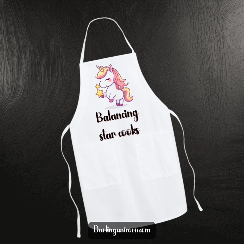 Funny apron showcasing a graceful unicorn balancing a bright star on its nose, ideal for cooking with enchanted humor.