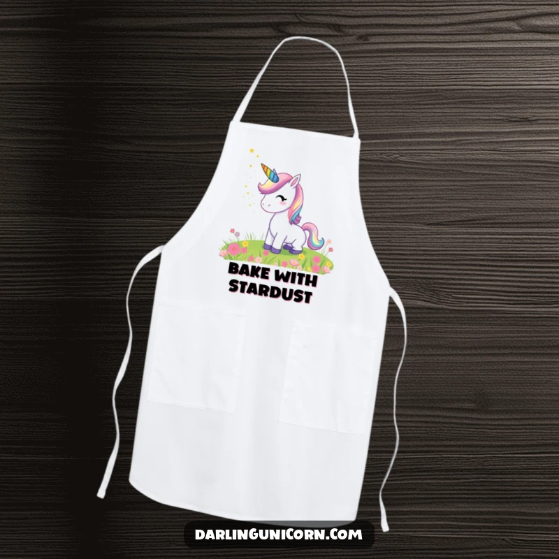 Funny apron with a delightful unicorn and rainbow horn sprinkling stardust over a meadow, ideal for kitchen magic and whimsical chefs.