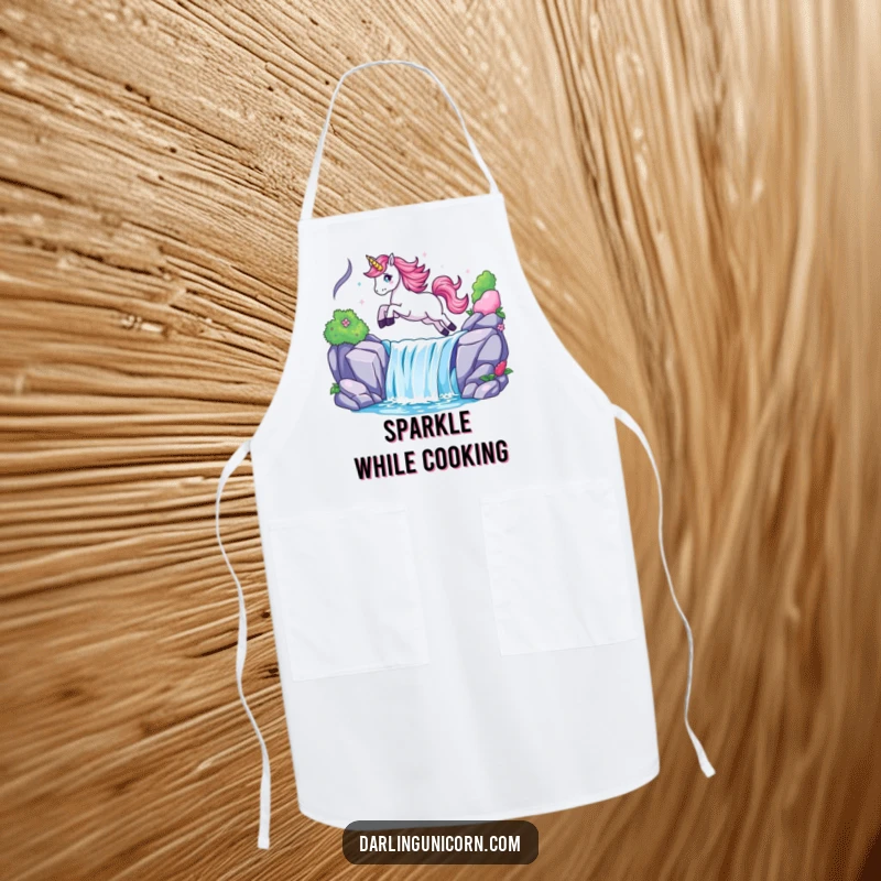 Funny apron showing a unicorn joyfully leaping above a shiny waterfall, ideal for kitchen protection with a magical flair.