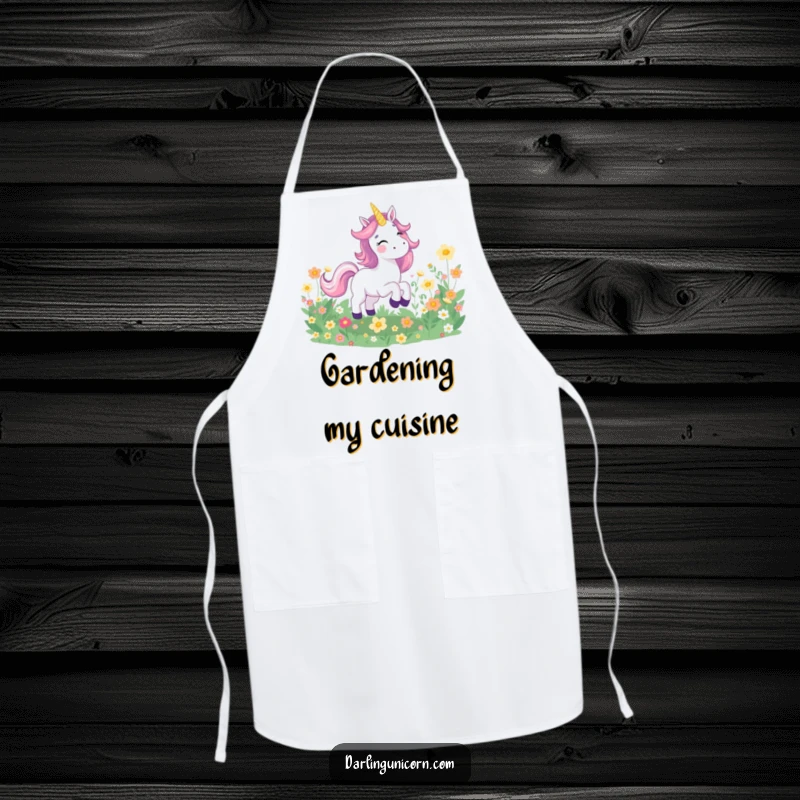 Funny apron with a joyful unicorn galloping through a field of glowing flowers, designed for happy and magical cooking sessions.
