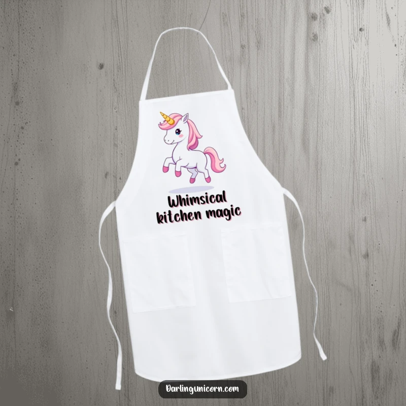 Elegant apron showcasing a unicorn gracefully twirling with a magical horn trail, perfect for a charming kitchen experience.