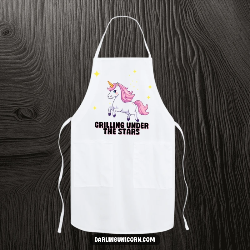 Funny apron with a majestic unicorn galloping across a starry sky with its horn aglow, perfect for a magical kitchen experience.