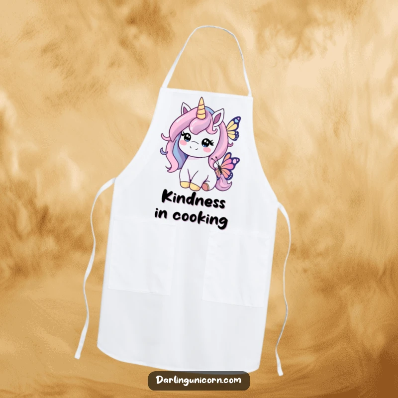 Funny apron showcasing a kind unicorn nudging a butterfly, ideal for adding gentle humor to culinary endeavors.