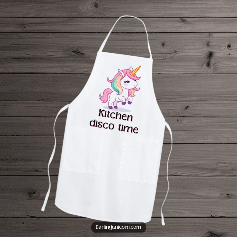 Funny apron showing a unicorn creating a dazzling light show from its horn, ideal for kitchen fun.