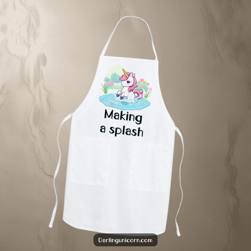 Funny Apron depicting a unicorn playfully splashing in a magical pond, adding whimsical fun to cooking.