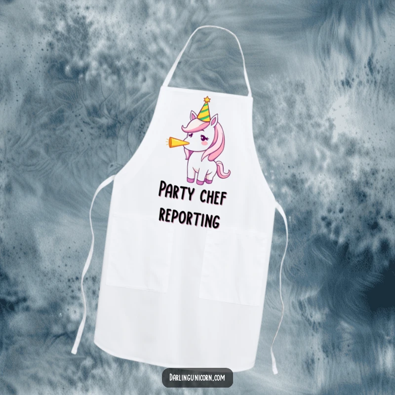 Funny apron showing a unicorn in a party hat blowing a party horn, perfect for festive culinary creations.
