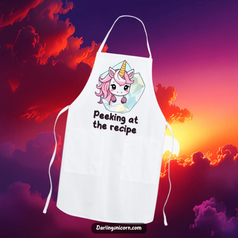 Funny apron with a shy unicorn peeking out from behind a large, translucent crystal, perfect for a magical touch in the kitchen.