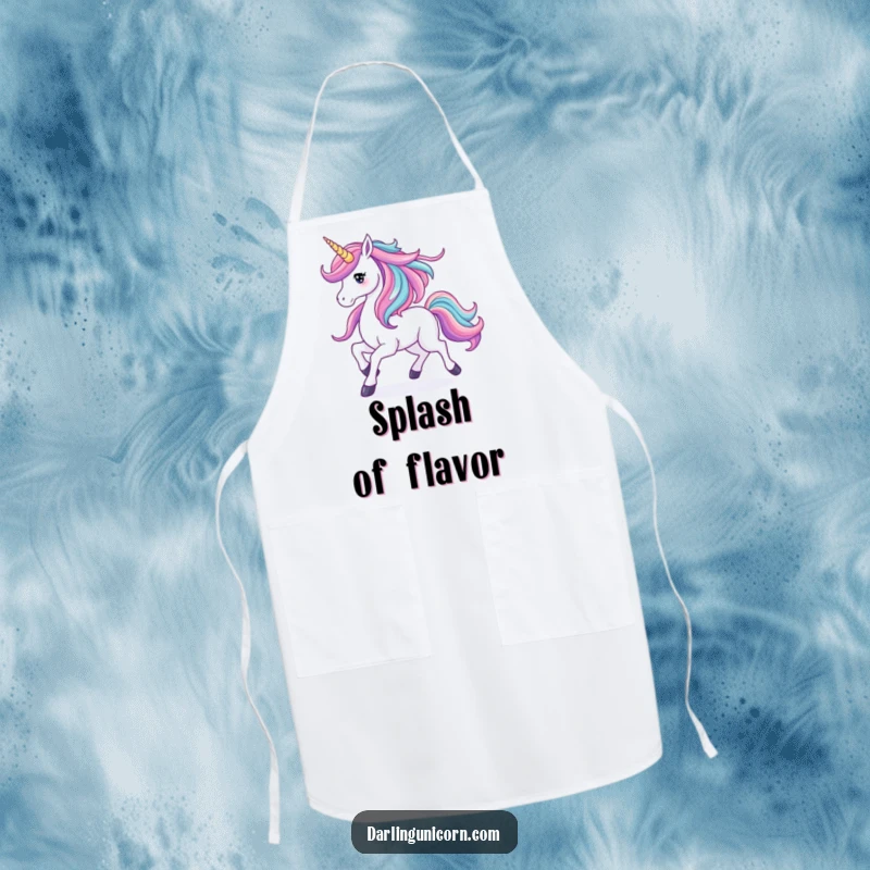 Funny apron depicting a unicorn prancing with its mane like a vibrant waterfall, bringing artistic flair and protection to the kitchen.