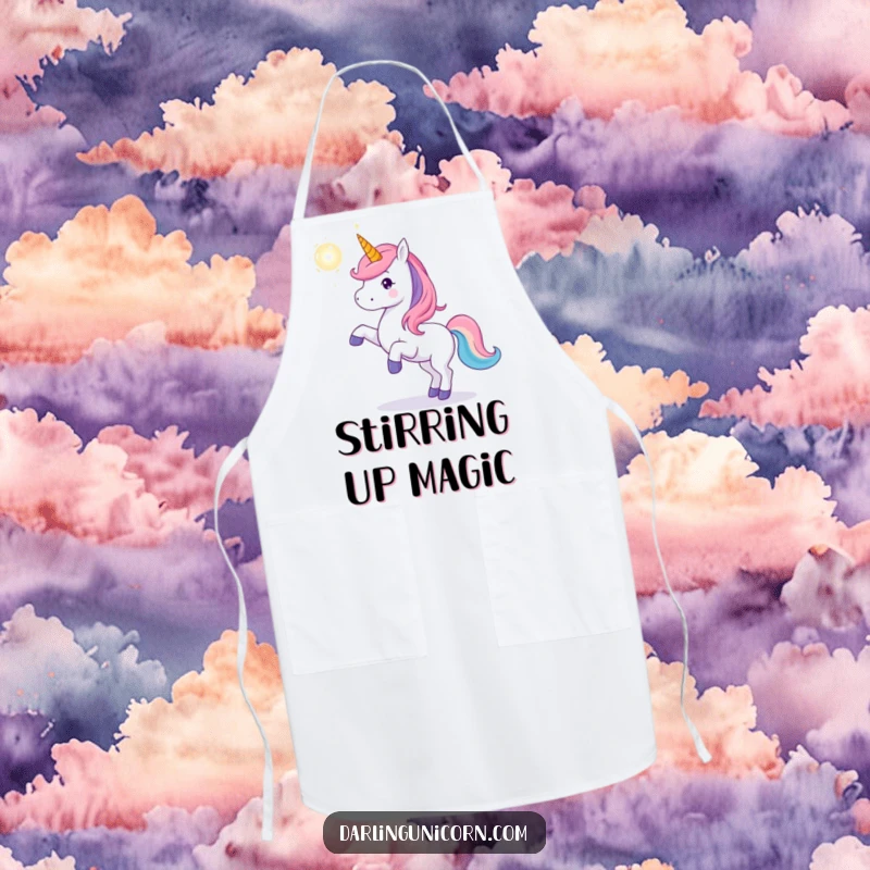 Funny unicorn apron featuring a unicorn playfully tossing a shimmering magical orb, designed for kitchen fun and adding a touch of enchantment.