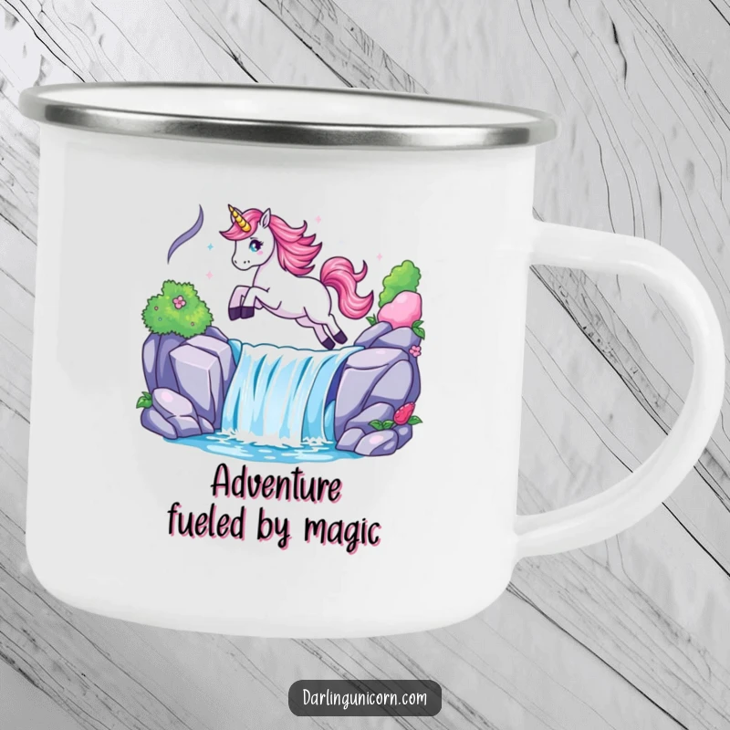 Funny camping mug displaying a unicorn soaring over a luminous waterfall, celebrating outdoor adventures with magical humor.