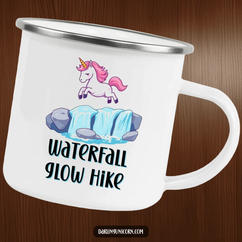 Funny Kawaii Unicorn Camping Mug: A unicorn with a glowing horn leaps over a waterfall, perfect for magical outdoor moments.