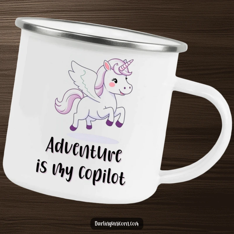 Funny happy unicorn with spread wings, galloping across a rugged enamel camping mug for outdoor enthusiasts.
