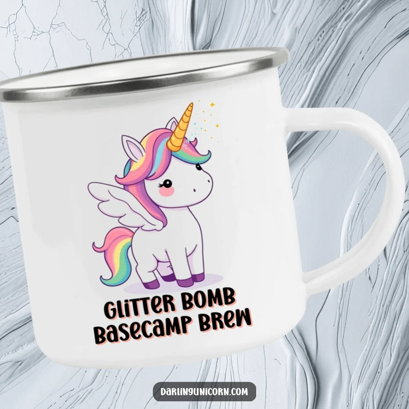 Funny camping mug with a unicorn sporting rainbow wings, playfully shooting glitter from its horn during outdoor escapades.