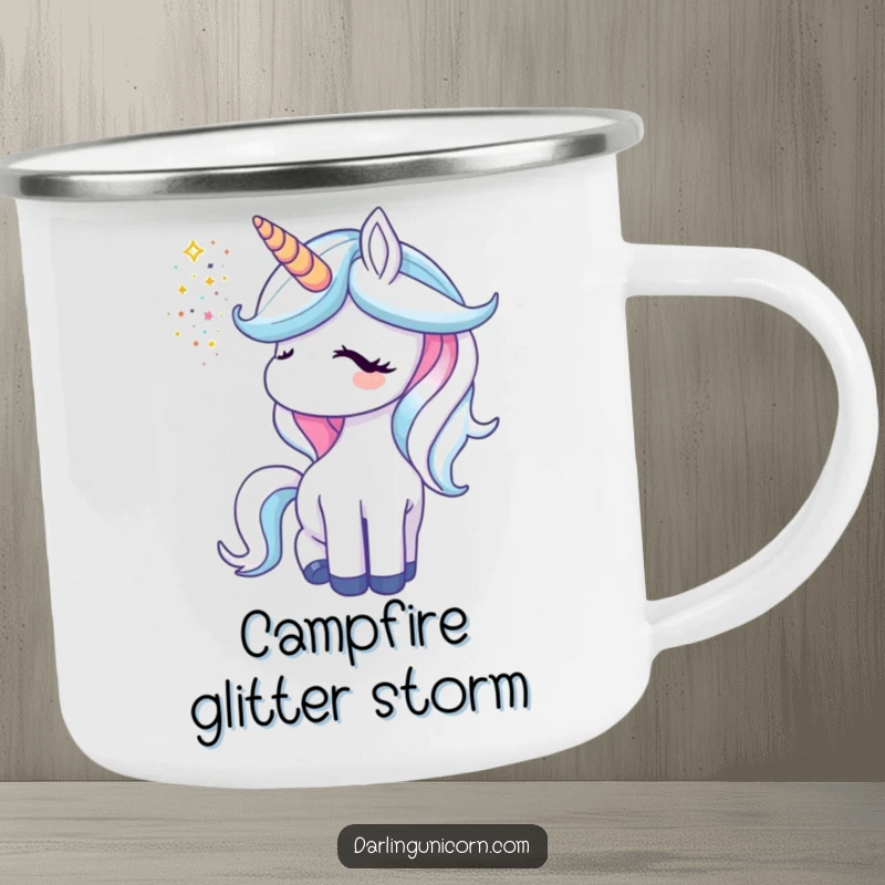 Funny unicorn camping mug with a durable design, showing a unicorn showering glitter from its horn in nature.