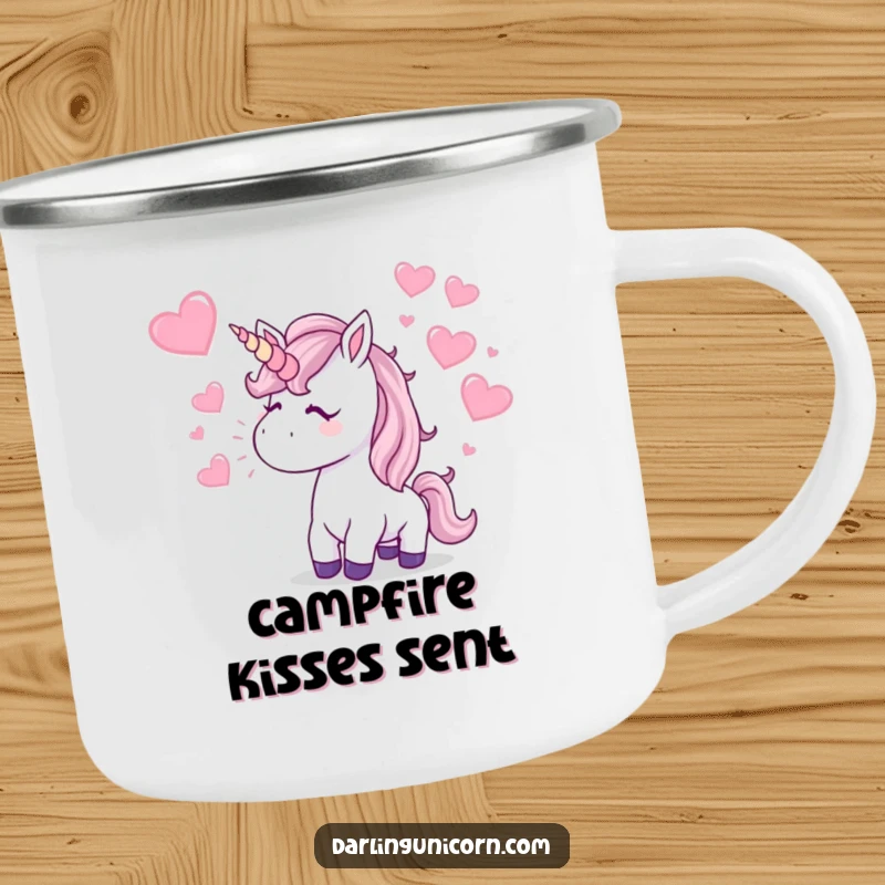 Funny Camping Mug: A unicorn blows a kiss, sending sparkling hearts flying, perfect for adding humor and romance to outdoor activities.