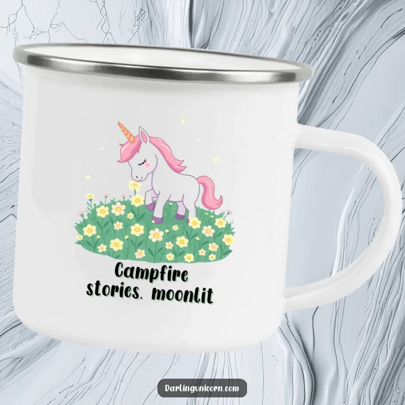 Funny unicorn nuzzling glowing moonflowers on a durable enamel camping mug for serene outdoor experiences.
