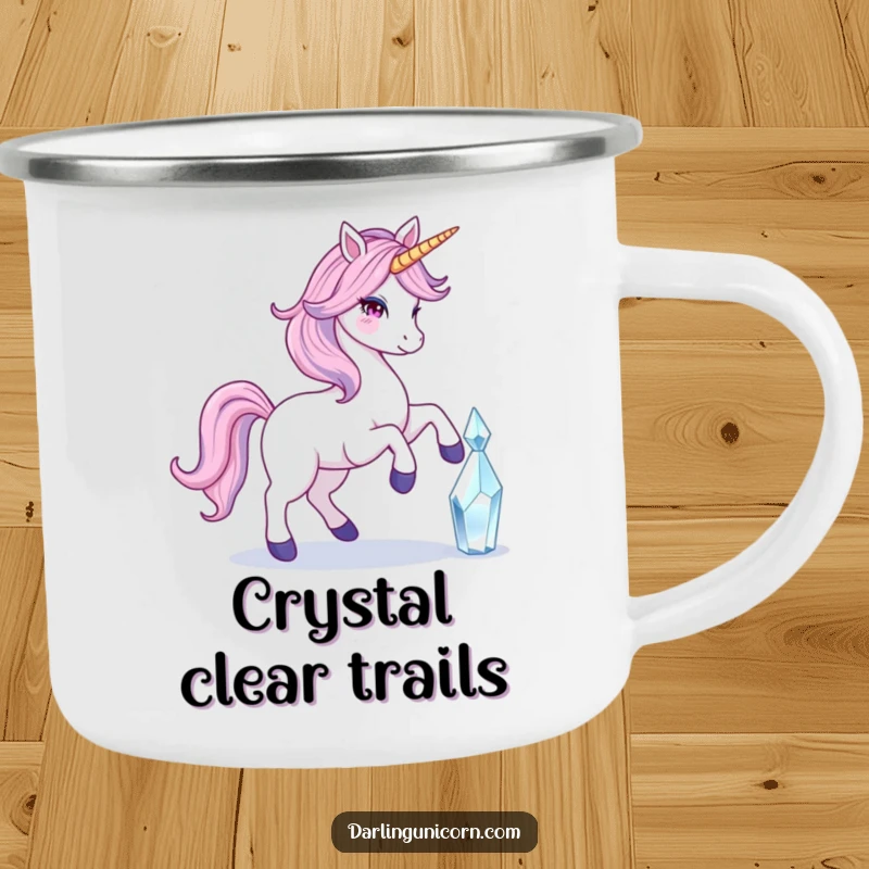 Funny camping mug with a unicorn and flowing tail touching a crystal, designed for magical and serene outdoor enjoyment.